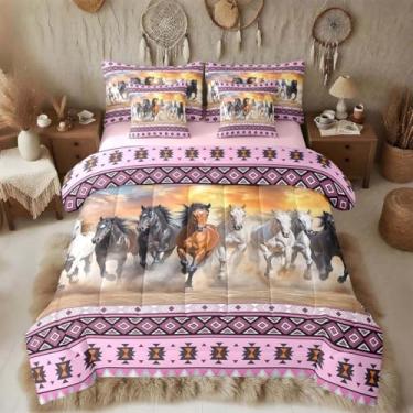 Imagem de Feelyou Jogo de cama King com cavalo rosa, cama de cavalo galopante, para meninos e adolescentes, casa de fazenda rústica do sudoeste do sudoeste, rústico, 7 peças, decoração de quarto macio