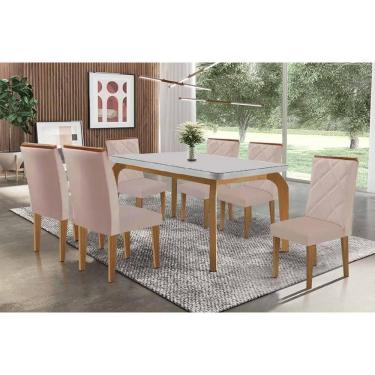 Imagem de Conjunto: Mesa Sala Jantar Londrina c/ Tampo Madeirado c/ Vidro Canto Curvo 180x90cm e 6 Cadeiras Pietá Naturale/Off White - Corano Capuccino Rufato