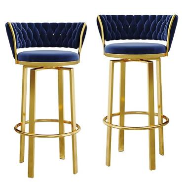 Imagem de Banquetas de bar, bancos de bar giratórios, conjunto de 2 bancos de bar de veludo giratórios, bancos de bar de cozinha sem braço com tecido traseiro/Pi