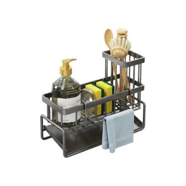 Imagem de Suporte de esponja cinza para pia de cozinha, organizador de pia com suporte de escova alto, organizadores de bancada de cozinha e itens essenciais de armazenamento, aço inoxidável 304 à prova de