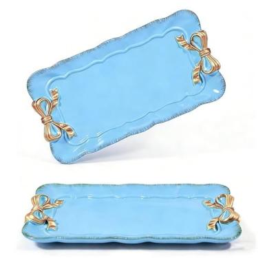 Imagem de Wowagoga 2 bandejas vintage de resina, organizador decorativo azul para joias, pulseiras, cosméticos e decoração de quarto com laço