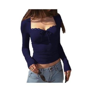 Imagem de Camiseta Crop Elegante E Sexy De Manga Longa Com Patchwork De Renda Pa