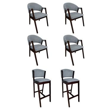 Imagem de Kit 4 Cadeiras Helen para Sala de Jantar com 2 Banquetas Ana Madeira Maciça Premium Linho - Cinza