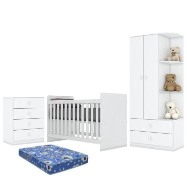 Imagem de Dormitório Infantil Labirinto Guarda Roupa, Cômoda E Berço Branco Brilho Com Colchão - Móveis Henn Branco Brilho