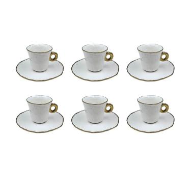 Imagem de Conjunto 6 Xícaras de Café com Pires em Cerâmica Branca e Dourada 80ml PC2006 BTC