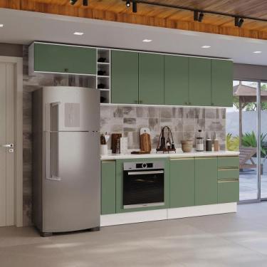 Imagem de Armário de Cozinha Completa 3 Gavetas 100% MDF 300cm Branco/Verde Cele