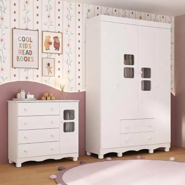 Imagem de Quarto De Bebê Completo Com Guarda-roupas 4 Portas E Cômoda Luna Multimóveis Mp4794 Branco