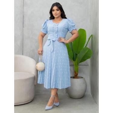 Imagem de Vestido Midi Elegante Plissado Manga Princesa com Babado e Botão Brilh