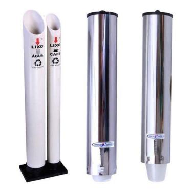 Imagem de Kit Lixeira Dupla C/ Suporte Copo Descartável Água Café Inox - Higipac