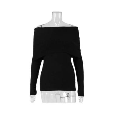 Imagem de Suéter Feminino Slim De Tricô Ombro a Ombro Manga Longa Outono Inverno