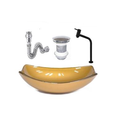 Imagem de Cuba De Vidro Oval Chanfrada 46Cm Dourado Real + Valvula + Torneira Metal Preta + Sifao