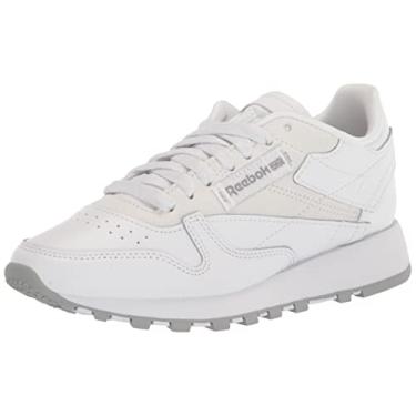 Imagem de Reebok Tênis feminino de couro clássico, Branco/cinza puro/rodonita, 8.5 Women/7 Men