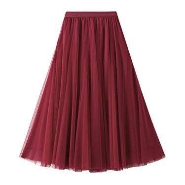 Imagem de NJNJGO Saia maxi feminina em camadas, cintura elástica, linha A, saia de tule, saia plissada, Vermelho A, Tamanho Único