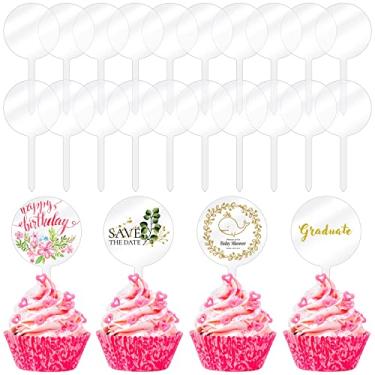 Imagem de Pacote com 30 topos de cupcake de acrílico com círculos de 5 cm, enfeites de bolo redondos transparentes faça-você-mesmo, topos de cupcake personalizados com palitos para festa de aniversário, casamento, noivado, decoração de bolo de chá de bebê