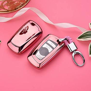 Imagem de YJADHU Capa de chave de carro para chave de proteção de TPU macio, apto para BMW 520 525 f30 f10 F18 118i 320i 1 3 5 7 X3 X4 M3 M4 M5, rosa com chaveiro