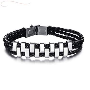 Imagem de Pulseira de Couro Masculina Trançado Moderno e Aço Cromado