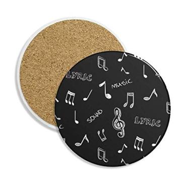 Imagem de Caneca de porta-copos preta com letras e notas de música branca, suporte redondo, pedra absorvente, 2 peças