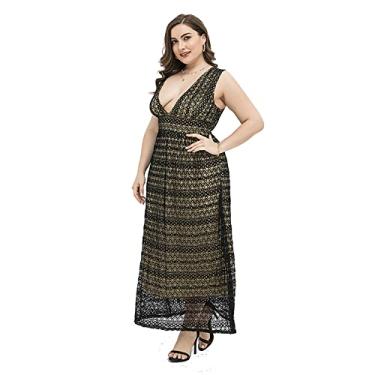 Imagem de Vestido feminino de renda decote em V profundo para festa de casamento vestido casual macacão manga curta vestido longo, verde, 2GG (busto 115 cm)