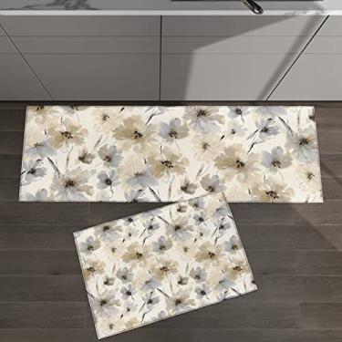 Imagem de Conjunto de 2 tapetes de cozinha flor aquarela marrom cinza floral primavera verão para tapetes acolchoados de chão tapetes antiderrapantes absorventes corredor confortável tapete de pé