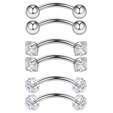 Imagem de Ruifan 16G 3/8" CZ Gemas Bola curvada Barra Sobrancelha Barriga Lábio Tragus Anel Piercing Joia, 6pcs - Steel