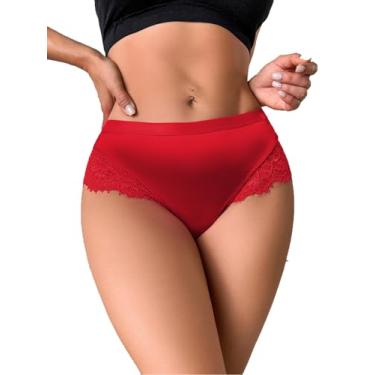Imagem de Milumia Calcinha feminina sexy de renda cetim seda calcinha calcinha cintura média respirável biquíni cuecas, Vermelho vinho, GG