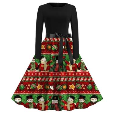 Imagem de UIFLQXX Vestido de coquetel feminino vintage com estampa de Natal, vestido casual, manga comprida, gola redonda, vestido rodado grande, Vermelho, M