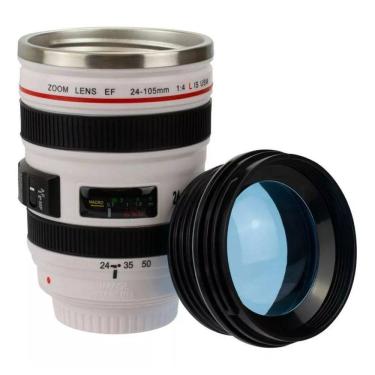 Imagem de Copo Térmico Branco Formato Lente De Câmera 350ml