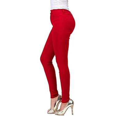 Imagem de STKOOBQ Calça jeans feminina com cintura elástica e cintura alta para mulheres, Vermelho, M