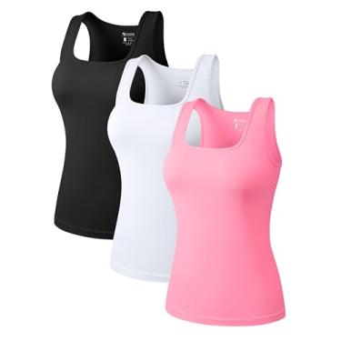 Imagem de OQQ Camisetas femininas de 3 peças, gola quadrada, elástica, sem mangas, preto, branco, rosa doce, X-Large