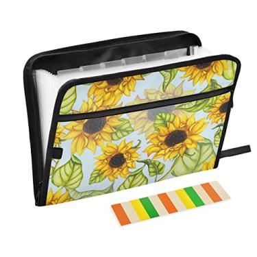 Imagem de pnyoin Pasta de arquivo expansível, 13 pastas de arquivos sanfonados com etiquetas adesivas, organizador de documentos de papel tamanho carta A4 com fecho de zíper para escritório, escola, girassol