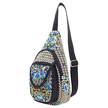 Imagem de Mochila étnica floral bordada vintage para mulheres, bolsa de ombro escolar para meninas, mini bolsa de viagem, Azul