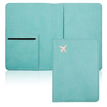 Imagem de Deziliao Combo porta-cartão de vacina e passaporte, porta-passaporte de couro PU com compartimento para cartão de vacina, carteira de passaporte para homens e mulheres, Verde-água, Minimalista