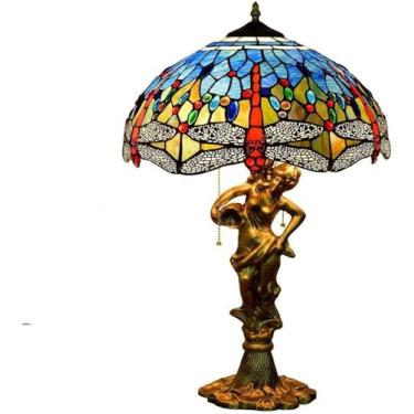 Imagem de Abajur estilo Tiffany, abajur de cabeceira com sombra de vitral de 16 polegadas, abajur de mesa libélula azul com 3 luzes para sala de estar, quarto, base de sereia, corrente de puxar (multicolorido)