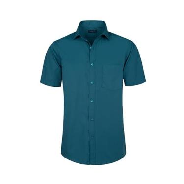 Imagem de Double Pump Camisas sociais masculinas de manga curta com ajuste regular, camisas casuais de negócios sólidas, Verde escuro 331, G