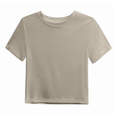 Imagem de Camiseta feminina slim fit básica gola redonda manga curta Y2K Crop Top, Cáqui claro, G