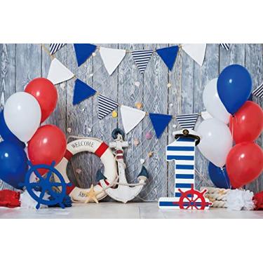 Imagem de Yeele Fundo de 3 x 2 metros para meninos, 1º aniversário, azul, branco, vermelho, balões, âncora, boia salva-vidas, quadro de madeira, para fotografia de bebê, tema náutico, decoração de festa de