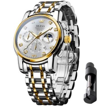 Imagem de OLEVS Relógio masculino de aço inoxidável, diamante, negócios, analógico, quartzo, à prova d'água, luminoso, design de data, relógio casual de luxo em dois tons, Relógio branco dourado 2889, relógio