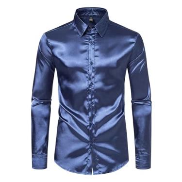 Imagem de Camisas sociais masculinas de cetim de seda azul brilhante 70s discoteca festa baile camisa manga longa casual suave smoking camisa masculina, Azul marino, G
