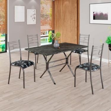 Imagem de Conjunto Sala de Jantar Mesa Retangular 120x75cm Tampo Pedra Ardósia Indiana 4 Cadeiras Paraty Preto Floral/Mart Prata