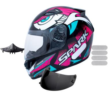 Imagem de Capacete Ebf Spark Dragon Preto Rosa Com Narigueira Mais Viseira Fumê e Adesivo Branco