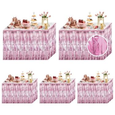 Imagem de Ohiyoo Pacote com 5 saias de mesa com franja de folha rosa 73 x 272 cm de folha metálica com franjas cortinas de estanho cenário de desfile flutua aniversário dia das bruxas decoração de festa de