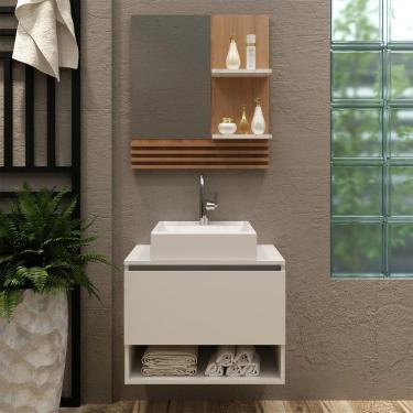 Imagem de Gabinete Suspenso de Banheiro com Cuba e Espelho Ripado Branco Amêndoa