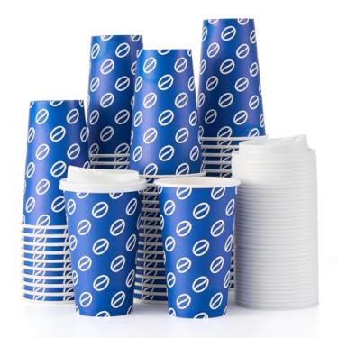 Imagem de Tamone Pacote com 100 xícaras de café descartáveis de 473 ml com tampas à prova de vazamento, xícaras de café com tampas, copos de papel azuis para bebidas de café frio/quente, chocolate, cacau para