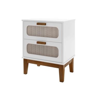 Imagem de mesa de cabeceira para quarto estilo retro santorini 45cm pes e puxadores em madeira com telinha sintetica indiana nas 2 gavetas (Branco)