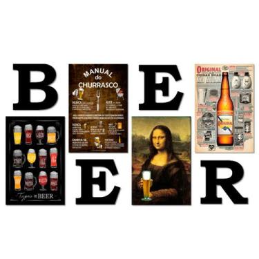 Imagem de Kit 4 Placas Decorativas Cervejas Churrasco C/ Letras BEER - Art Print