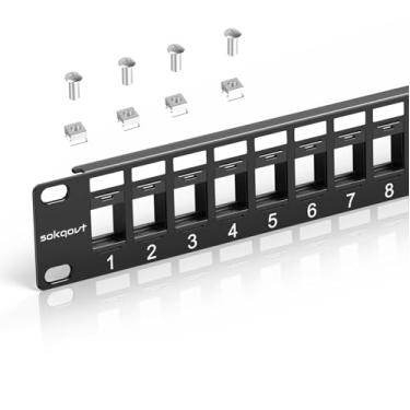 Imagem de Sokqovt Painel de remendo Keystone em branco de 24 portas com design de encaixe, painel de patch de rede Cat6 1U 48.3 cm, painel de patch Ethernet de montagem em rack (apenas para Slim Keystone)
