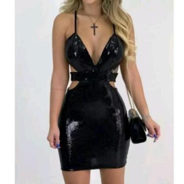 Imagem de Vestido feminino paetê alça fina vários recortes amarração em x nas co