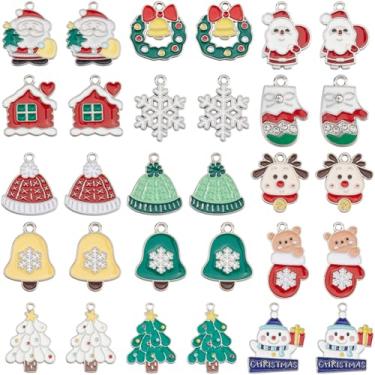 Imagem de SUNNYCLUE 1 caixa com 60 peças, 15 estilos, pingentes de Natal esmaltados prateados a granel, chapéu, árvore, sino, luvas, flocos de neve, alce, Papai Noel, boneco de neve, berloques de inverno, para