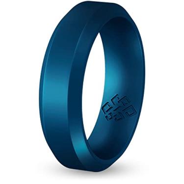 Imagem de Anel de casamento de silicone Teoria de nó para homens e mulheres: Anéis de borracha não volumosos superiores - Qualidade premium, estilo, conforto - Pulseiras ideais para academia, trabalho, caça, esportes e viagens, Metallic Dark Blue Bevel Comfort Fit, Size 12 (6mm Bandwidth)