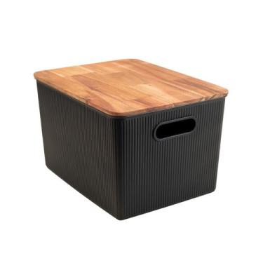Imagem de caixa organizadora 23L de plástico com tampa de madeira acácia - Oikos